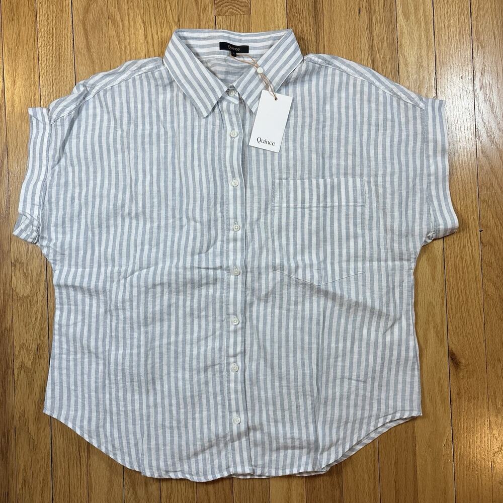NWT Quince 100% European Linen Camp Shirt Women’s L Sky Blue Mariner Stripe